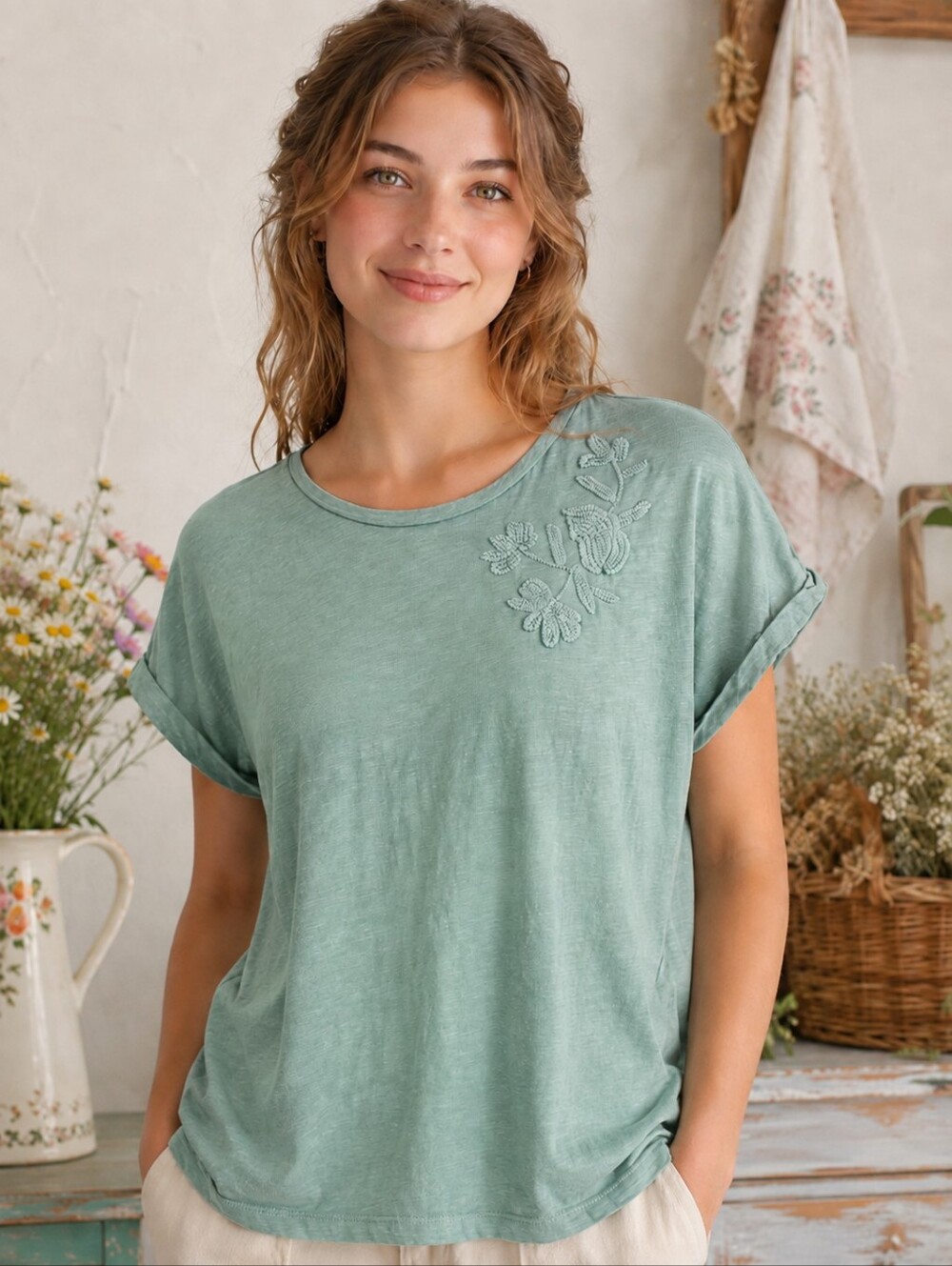 Knox Rose Womens S Sage Floral Embroidered Slub Cotton Tee Knit Cottagecore